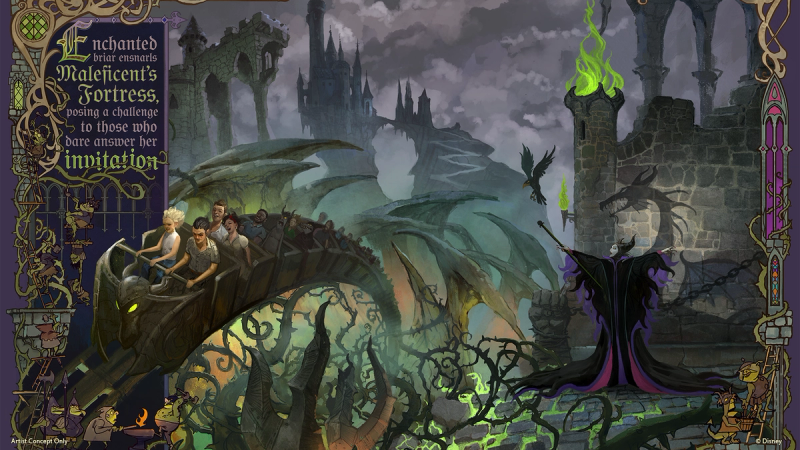 The image depicts a mystical scene from a fantasy realm featuring Maleficent’s fortress. It showcases a dragon-like creature with riders, set against a dark, eerie landscape filled with ruins and ominous skies.