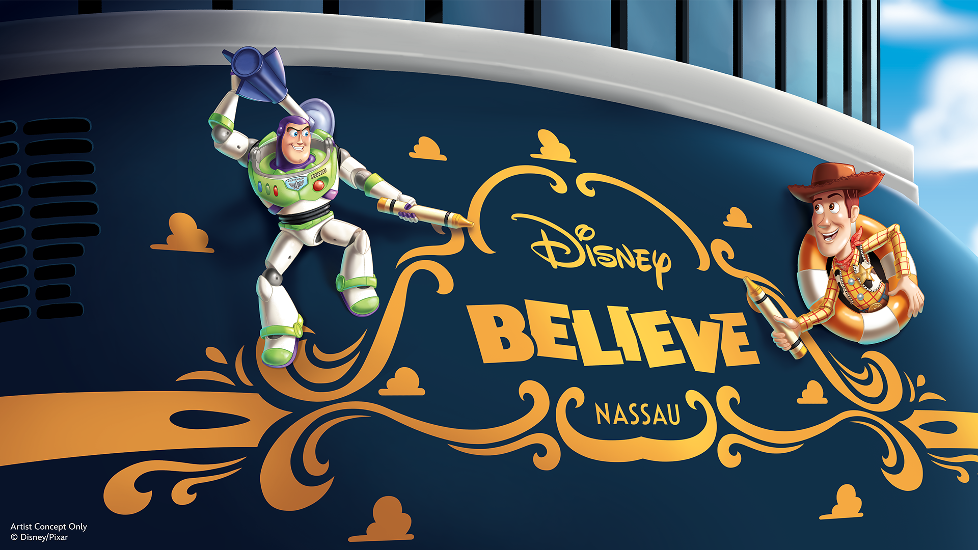 The image features animated characters Buzz Lightyear and Woody from Disney's Toy Story, depicted on the side of a ship with decorative text that reads 'Disney Believe Nassau.' The colorful design showcases the iconic characters in a playful setting.