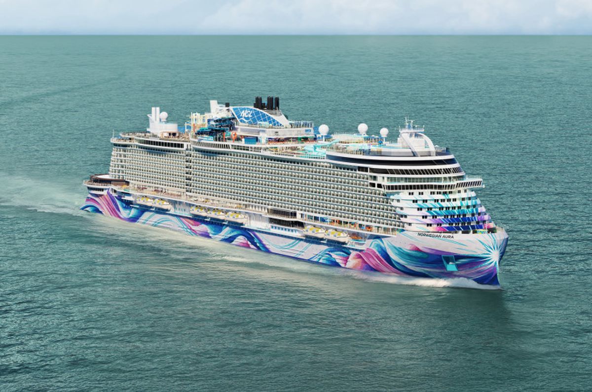 The image shows a colorful cruise ship, the Norwegian Joy, sailing on calm ocean waters. The ship features distinct vibrant patterns on its exterior and is equipped with various decks and amenities typical of modern cruise liners.