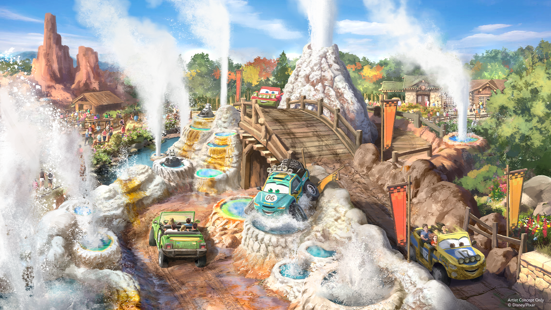 The image depicts an amusement park attraction featuring a water ride with themed vehicles. In the background, there are vibrant trees and a mountain-like structure with geysers, indicating a playful and adventurous environment.
