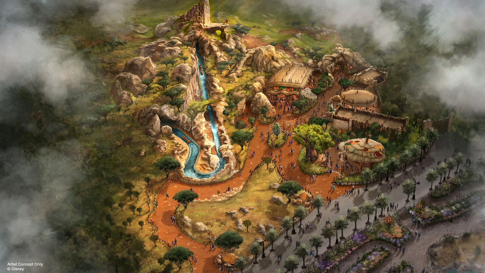 The image depicts a conceptual design for a themed park area featuring natural landscapes, including waterfalls, rocky terrain, and various structures resembling huts. The scene is bustling with visitors exploring the environment and enjoying outdoor activities.