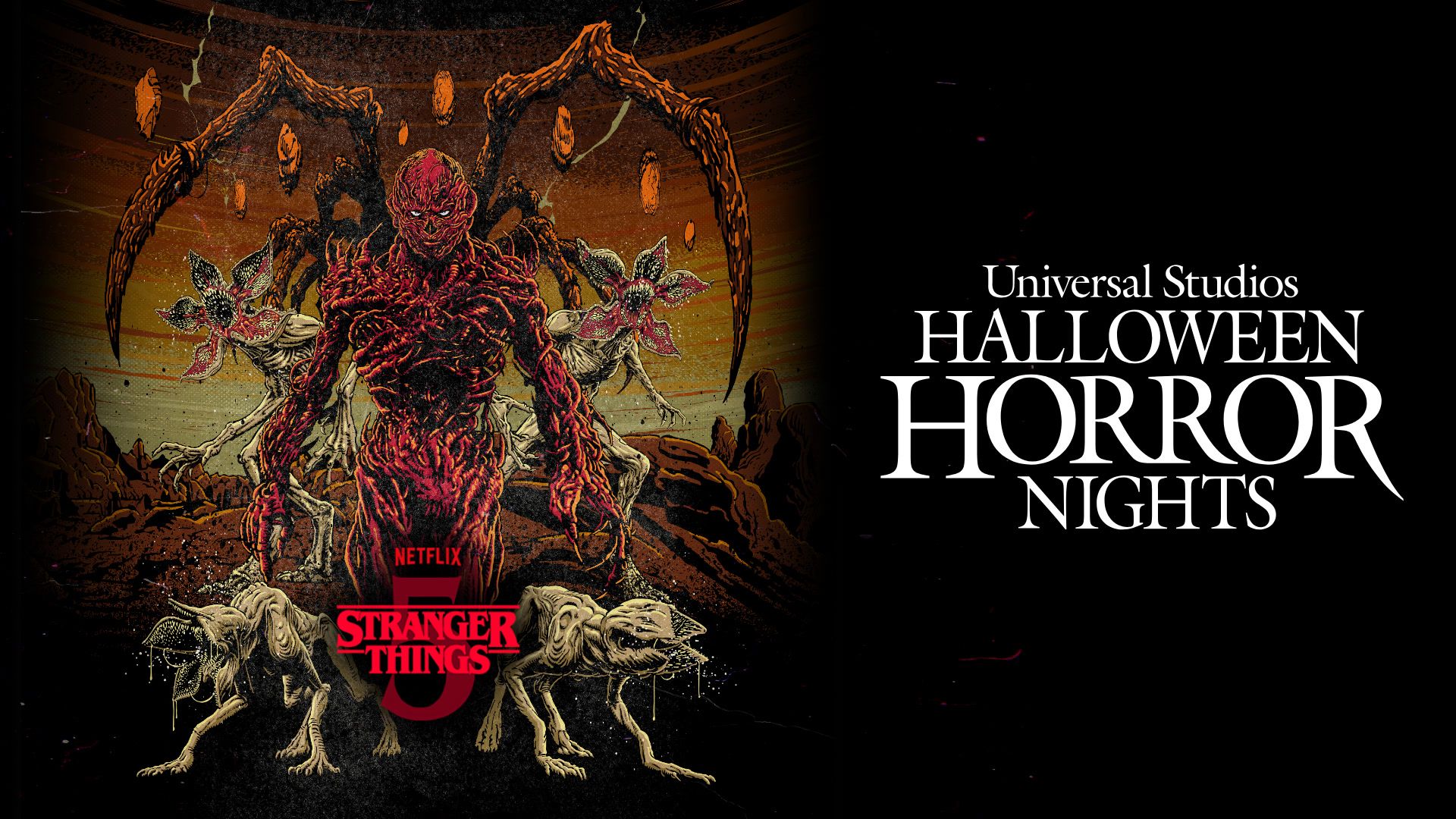 The image features promotional artwork for Universal Studios' Halloween Horror Nights, highlighting themes from the Netflix series 'Stranger Things'. It depicts a menacing creature surrounded by eerie elements typical of the horror genre.