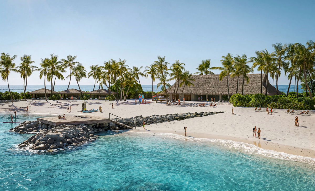 The image depicts a serene tropical beach setting with a wooden dock extending into clear blue waters. Palm trees and beachgoers enjoying the sun create a relaxing atmosphere.