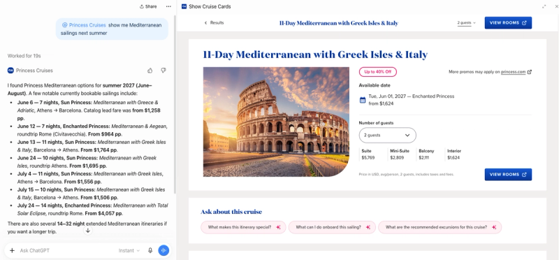 The image showcases a promotional announcement for a Mediterranean cruise by Princess Cruises, featuring details about the itinerary and pricing. The visual includes an appealing view of an architectural landmark, indicating a travel and exploration theme.