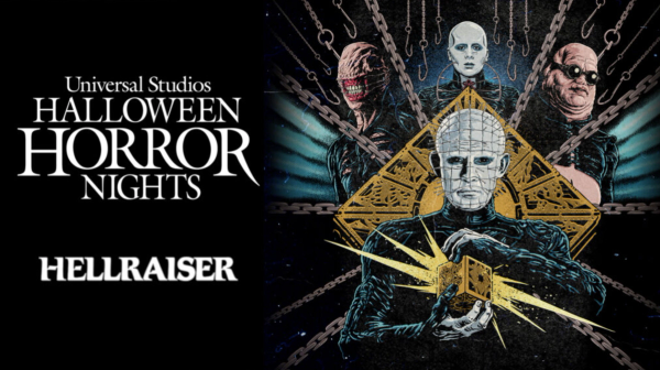 The image features promotional artwork for 'Halloween Horror Nights' from Universal Studios, highlighting the 'Hellraiser' theme. It showcases a character from the horror franchise, depicted in a stylized design alongside other figures.