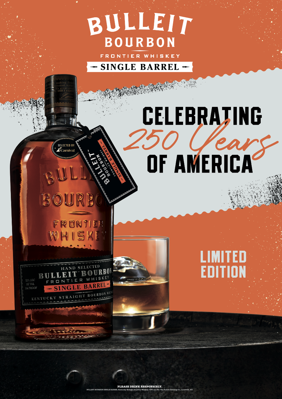 The image features a bottle of Bulleit Bourbon Frontier Whiskey alongside a glass of whiskey, set against a stylized background. The design celebrates the 250th anniversary of America, highlighting the limited edition release of the bourbon.