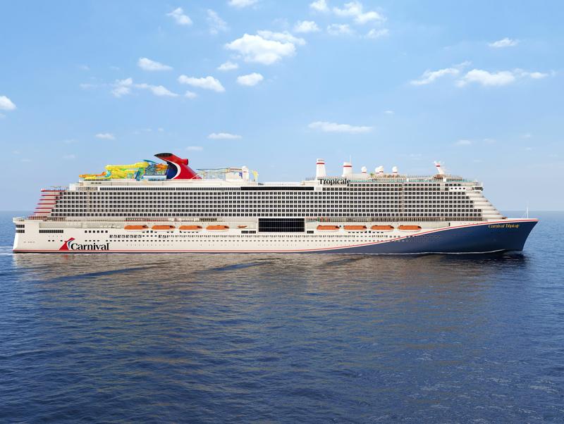 The image depicts a large cruise ship named 'Carnival Celebration' sailing in calm waters under a clear sky. The ship is marked with the recognizable red, white, and blue colors of the Carnival Cruise Line, with various decks visible.