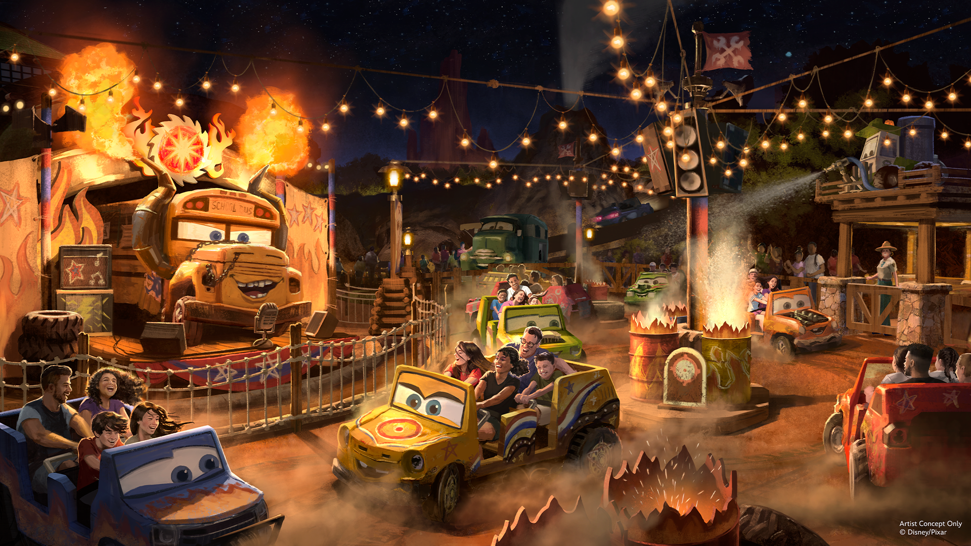 The image depicts a lively amusement park scene at night, featuring a vibrant car-themed ride with animated vehicles and numerous guests enjoying the attractions. The setting is illuminated by string lights and a warm glow from fire effects, creating a whimsical and festive atmosphere.
