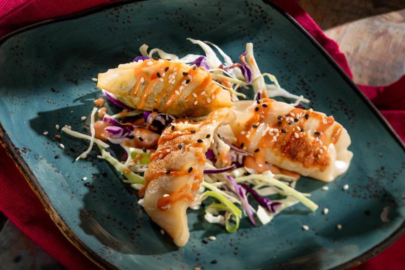 The image features a trio of dumplings served on a teal plate, accompanied by a colorful slaw made of cabbage. The dish is garnished with sesame seeds and a drizzle of sauce, highlighting its appetizing presentation.