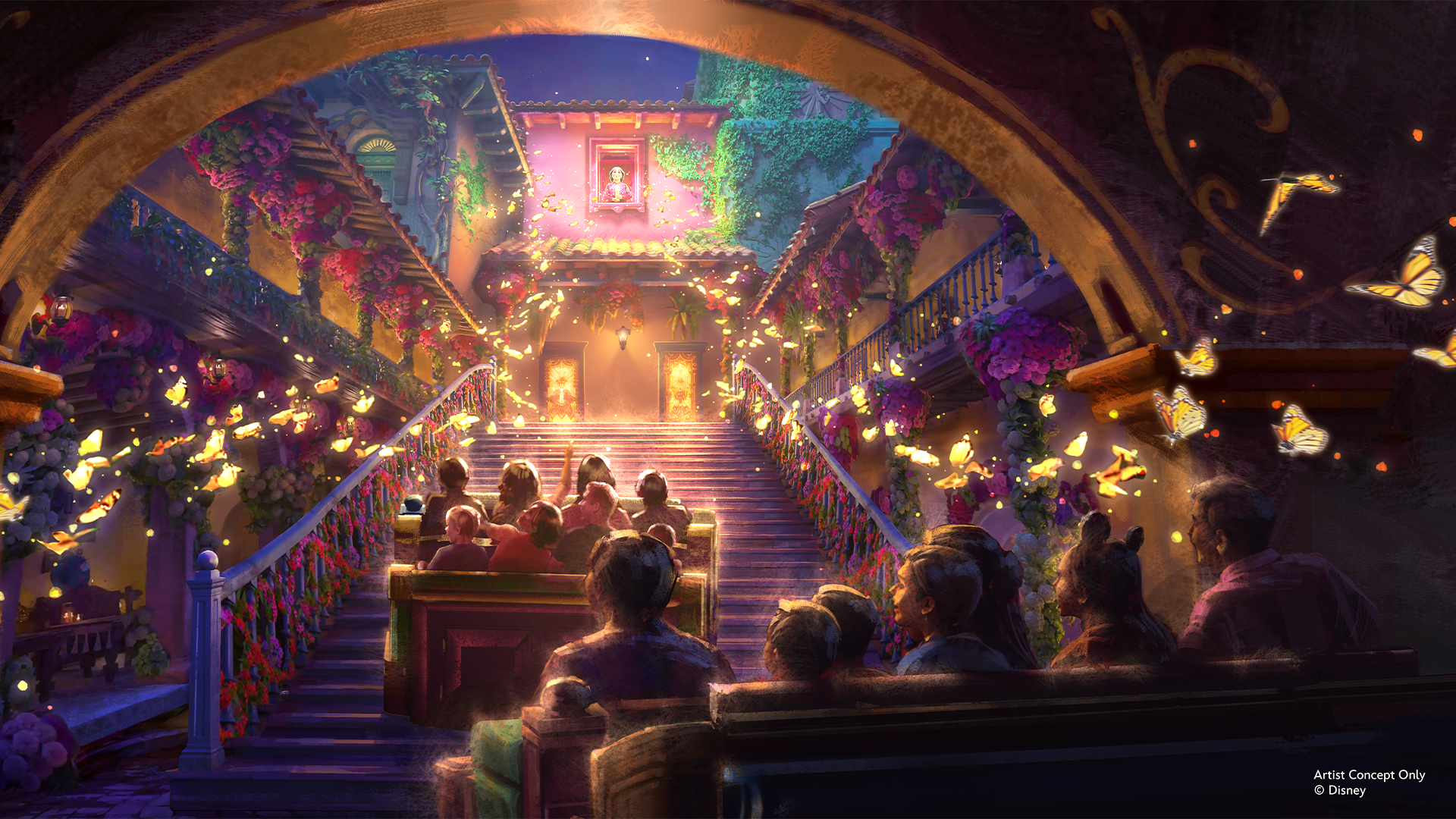The image depicts a vibrant, scenic staircase illuminated by warm lights and surrounded by colorful flowers. Several figures are seated, suggesting an audience experience, while butterflies flutter around, adding to the enchanting atmosphere.