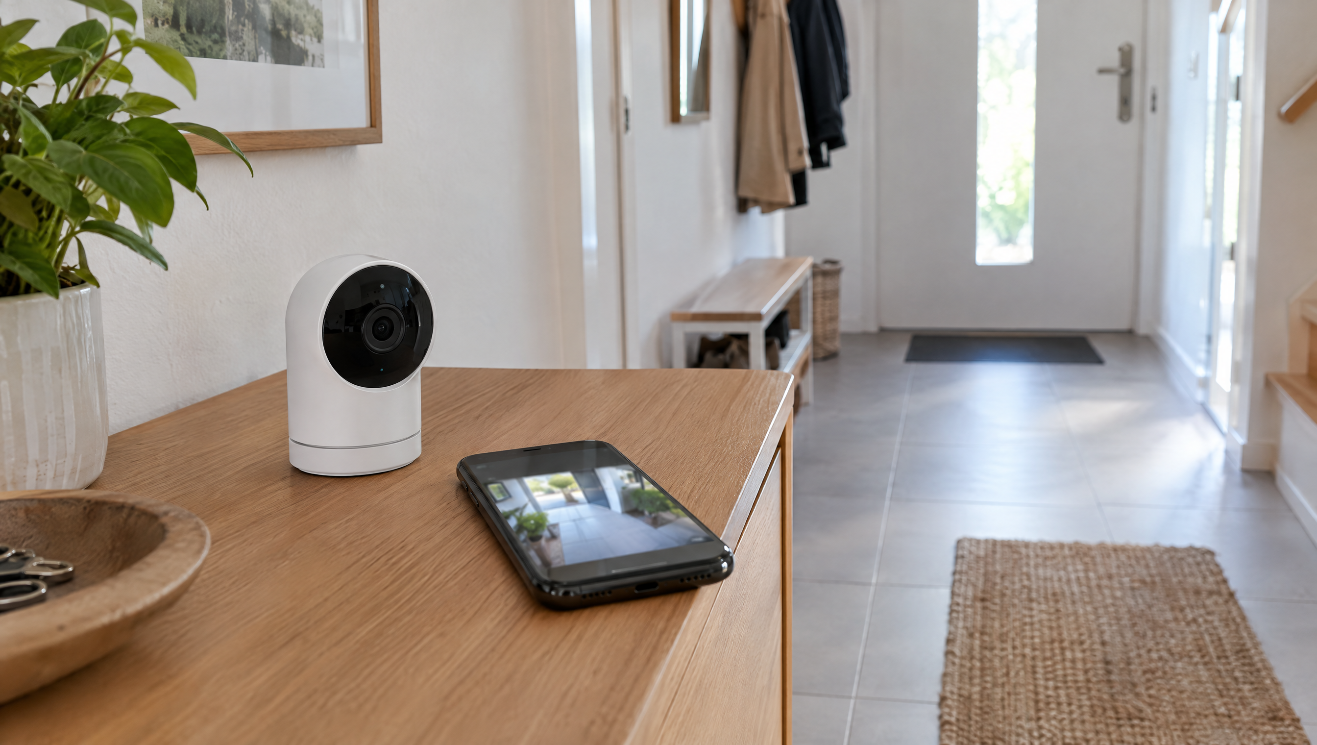 WLAN-Kamera auf einer Kommode im Flur, daneben ein Smartphone mit Livebild