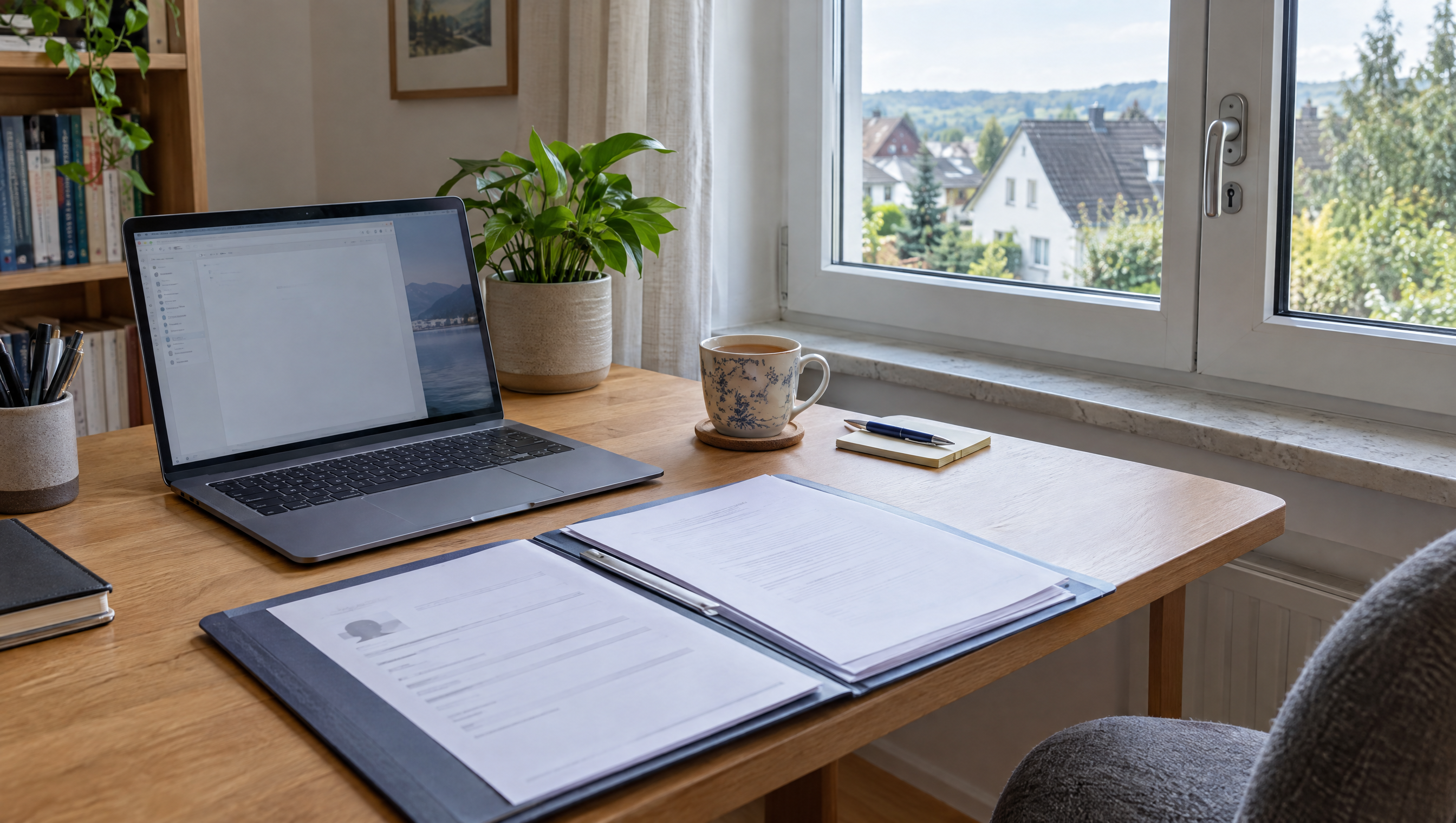 Schreibtisch mit Laptop und Antragsunterlagen neben einem Fenster