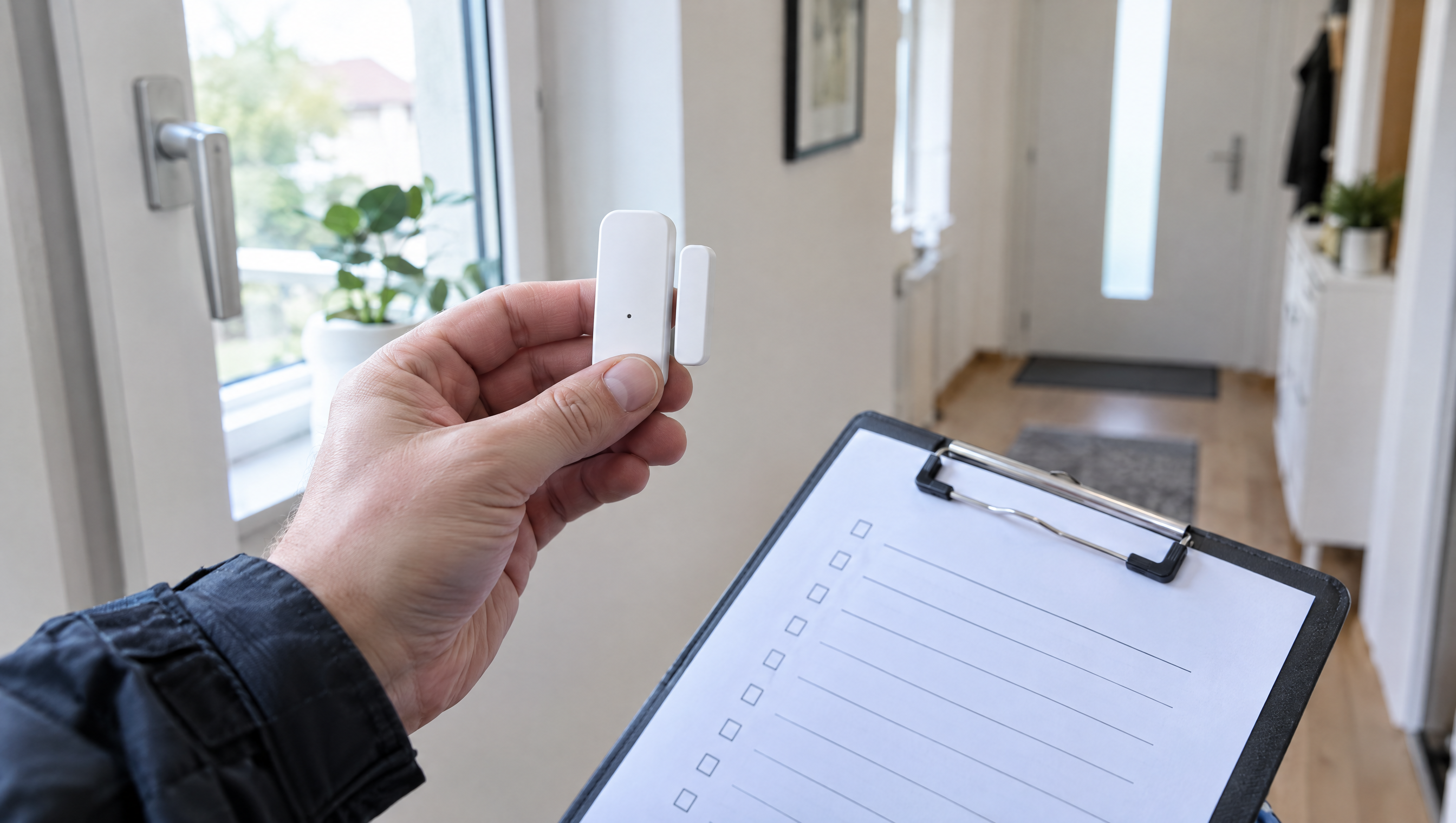 Techniker prüft einen Funk-Tür- und Fensterkontakt anhand einer Checkliste