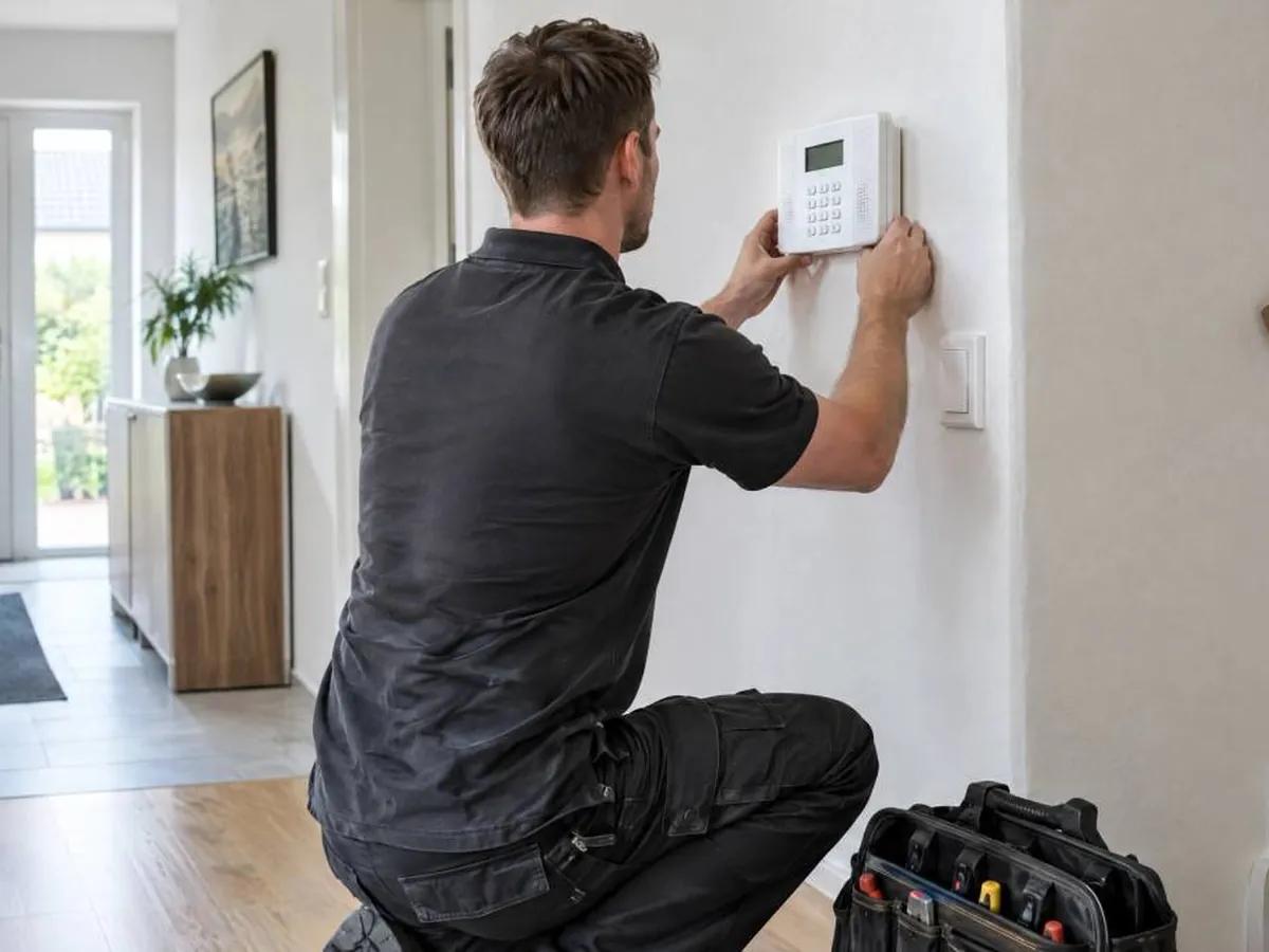 Handwerker montiert im Flur eines modernen Hauses das Bedienteil einer Alarmanlage