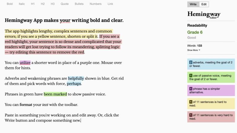 A screenshot from the Hemingway Editor; showing the tool highlighting common errors and lengthy sentences