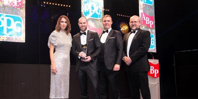 GRM Bodycraft founders, Graeme and Ryan, being presented with the National ARG Network Bodyshop Group of the Year Award at the ABP British Bodyshop Awards 2022 in Manchester.