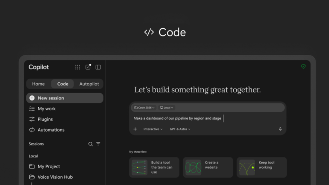 Tela Code do novo Copilot, em tema escuro, com o campo para descrever o que construir, por exemplo um painel do funil de vendas por região e etapa, e atalhos como criar uma ferramenta para o time.