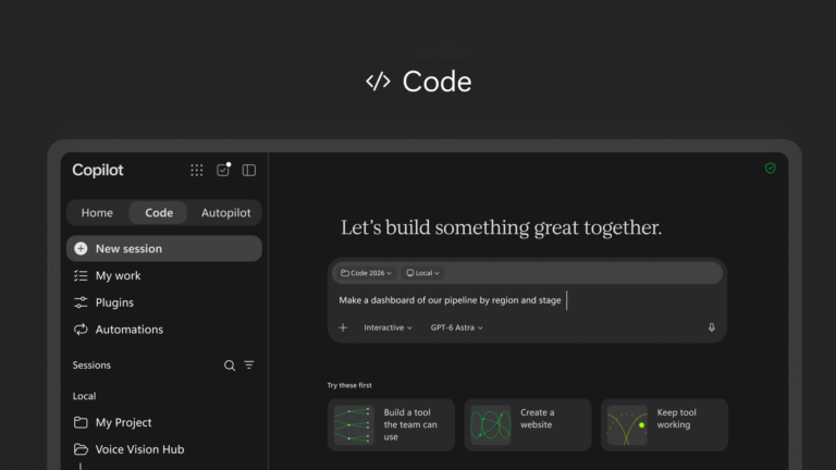 Tela Code do novo Copilot, em tema escuro, com o campo para descrever o que construir, por exemplo um painel do funil de vendas por região e etapa, e atalhos como criar uma ferramenta para o time.