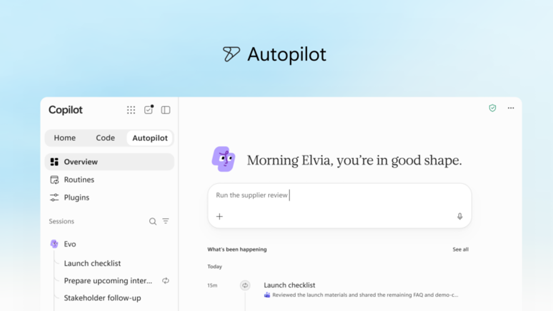Tela Autopilot do novo Copilot, com o painel de visão geral, rotinas, uma sessão do agente e o campo para pedir uma tarefa, como executar a revisão de fornecedores.