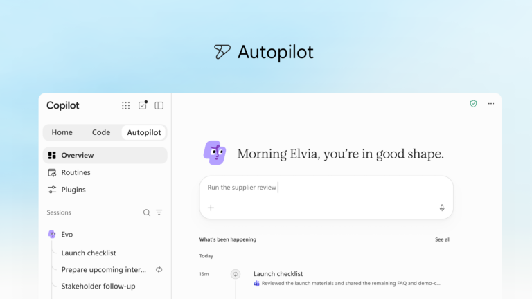 Tela Autopilot do novo Copilot, com o painel de visão geral, rotinas, uma sessão do agente e o campo para pedir uma tarefa, como executar a revisão de fornecedores.