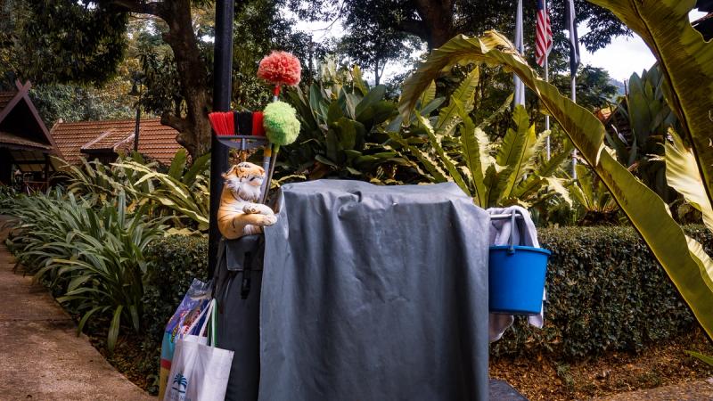 Every housekeeping trolley has a stuffed tiger, to keep the monkeys away. 