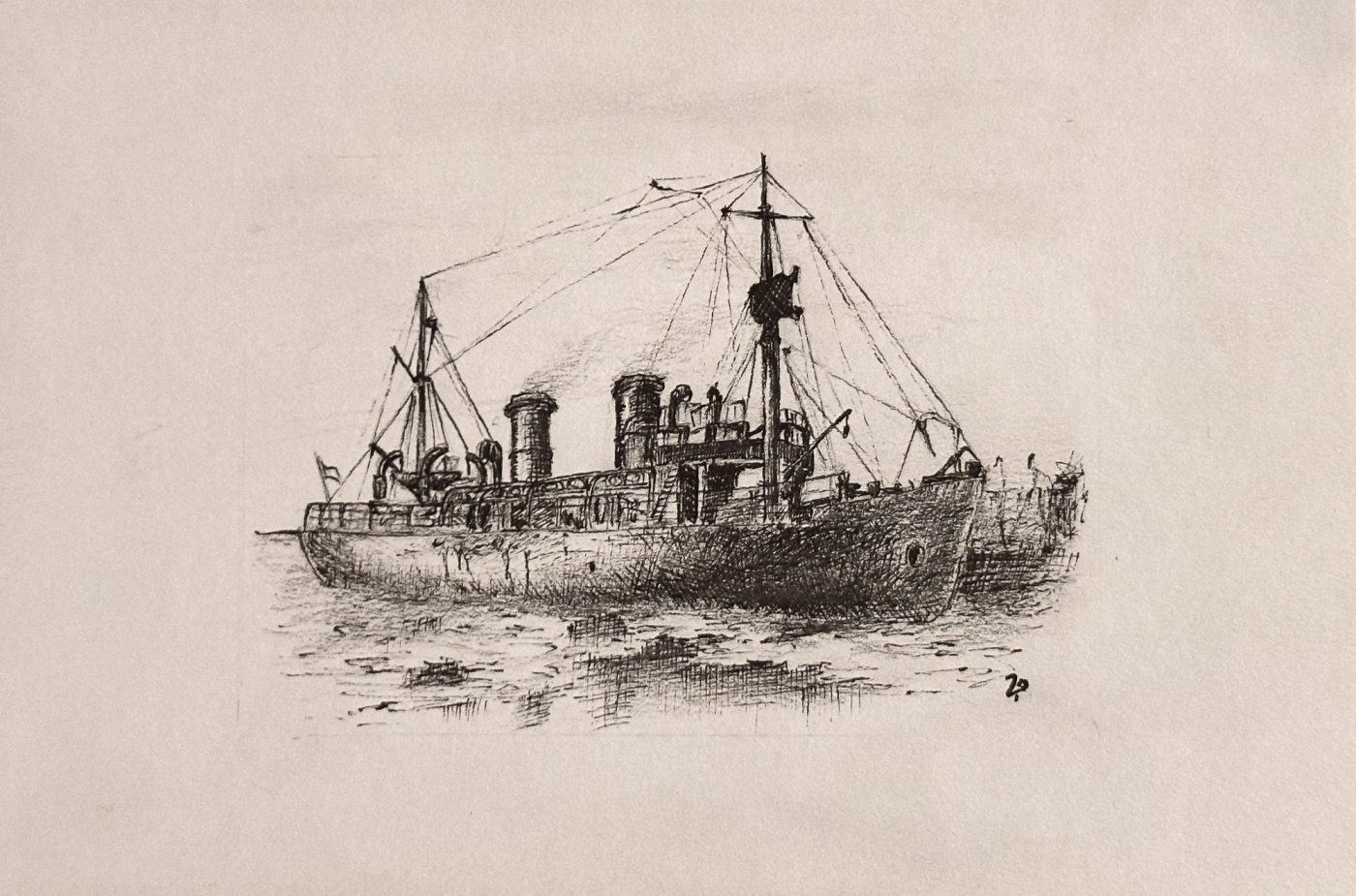 Monochrome drawing of an icebreaker ship at sea