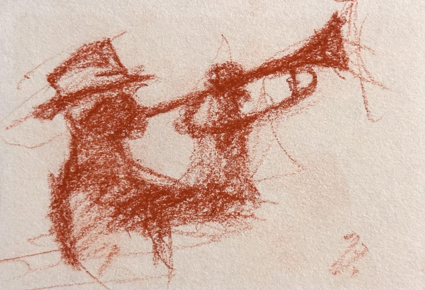 Loose red figure study of a blues musician playing guitar