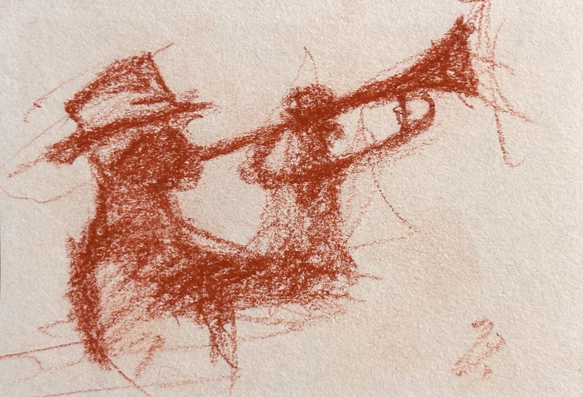 Loose red figure study of a blues musician playing guitar