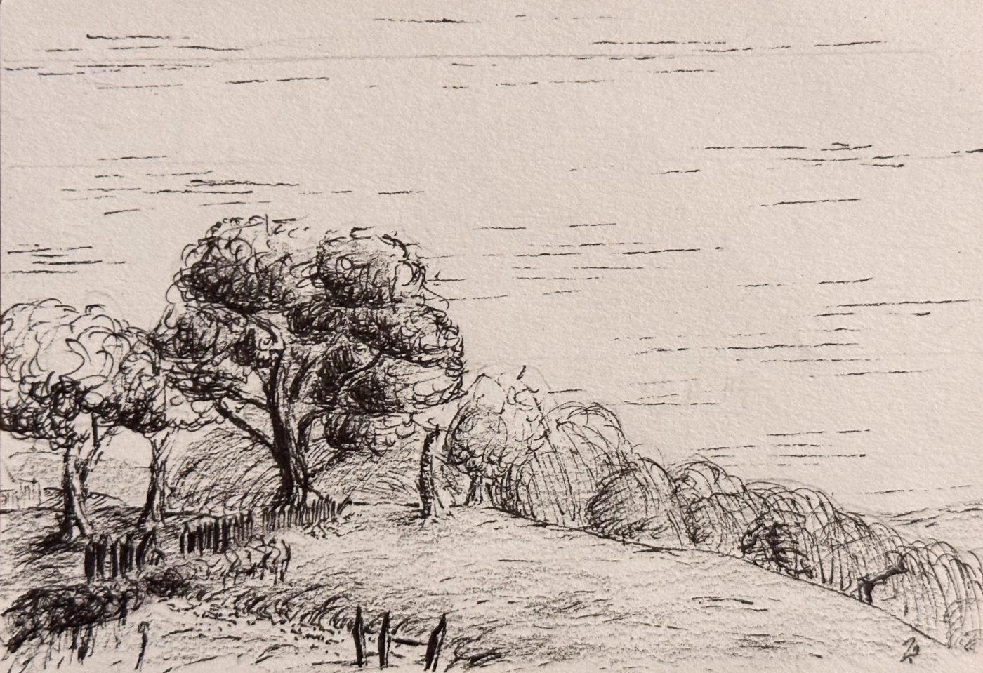 Monochrome landscape drawing of trees and distant hills