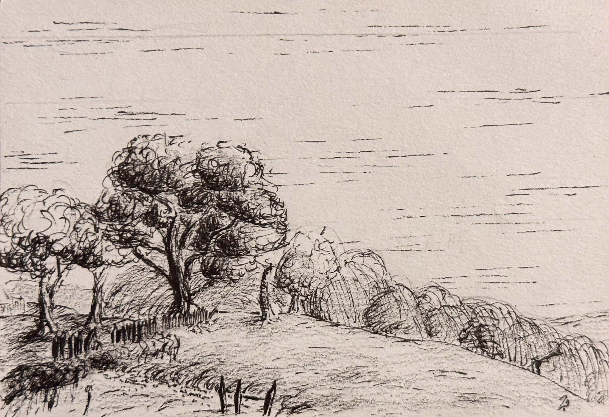 Monochrome landscape drawing of trees and distant hills