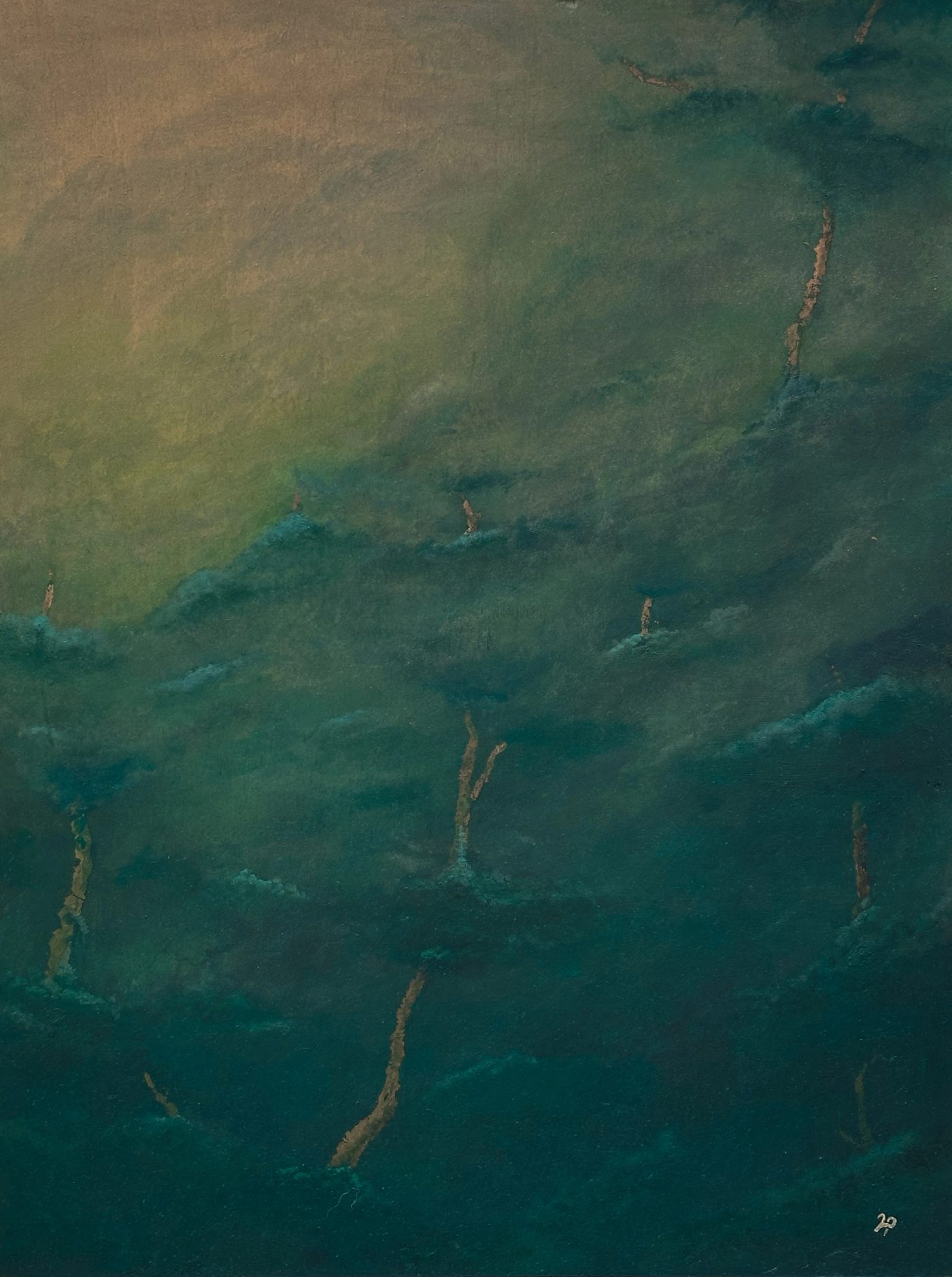 Abstract green jungle painting lit by yellow morning sun