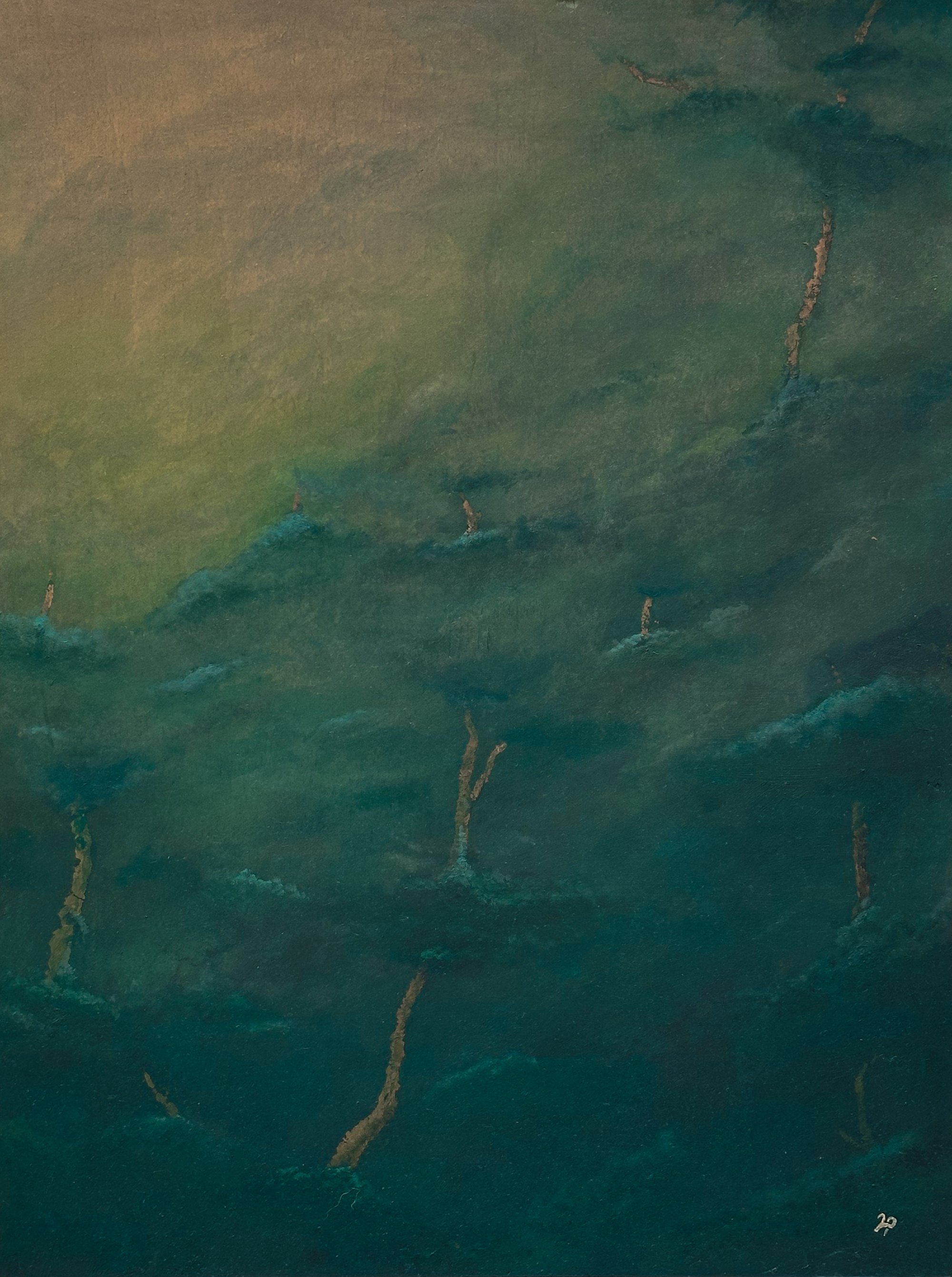 Abstract green jungle painting lit by yellow morning sun