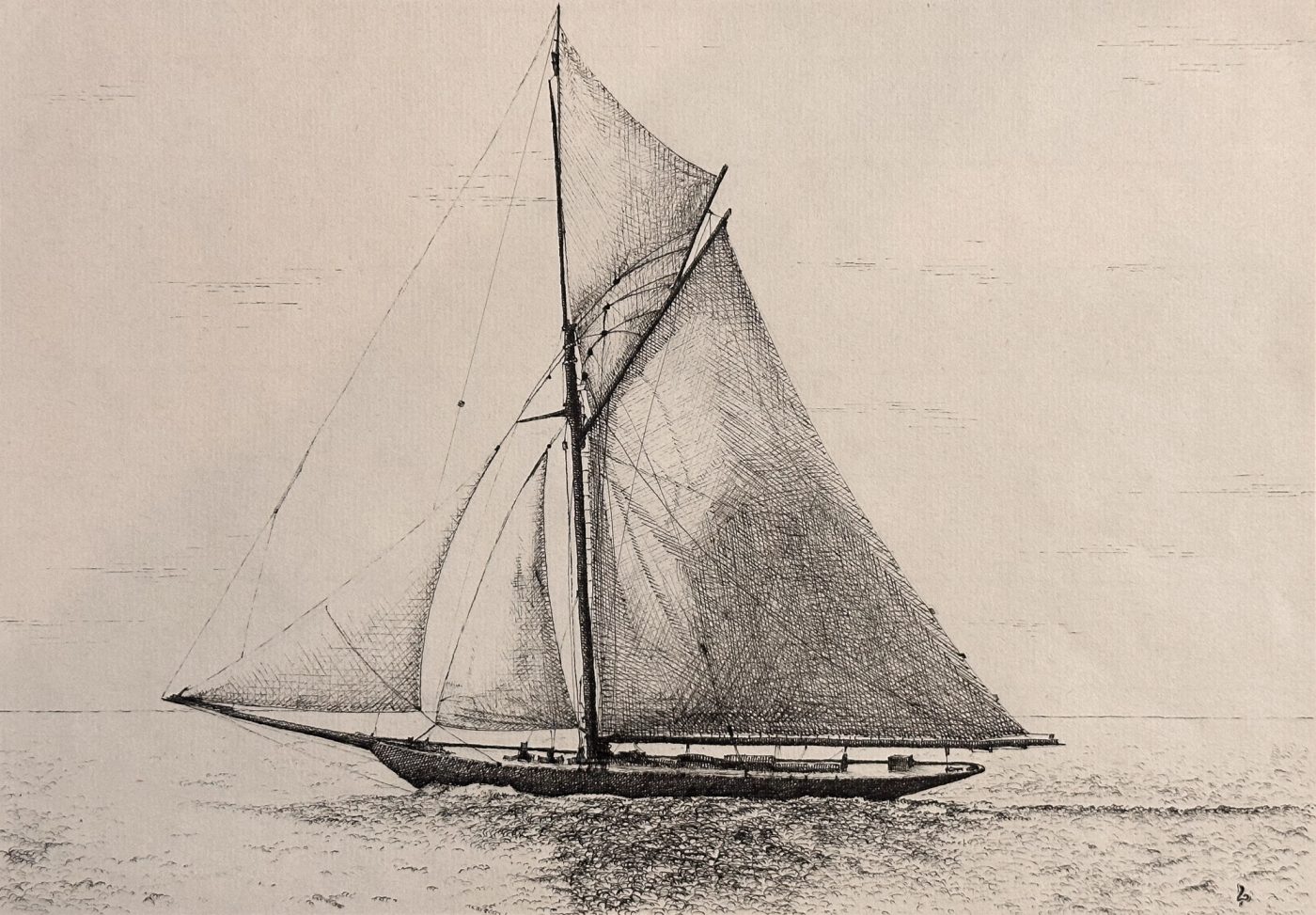 Monochrome drawing of the royal yacht HMY Britannia under sail