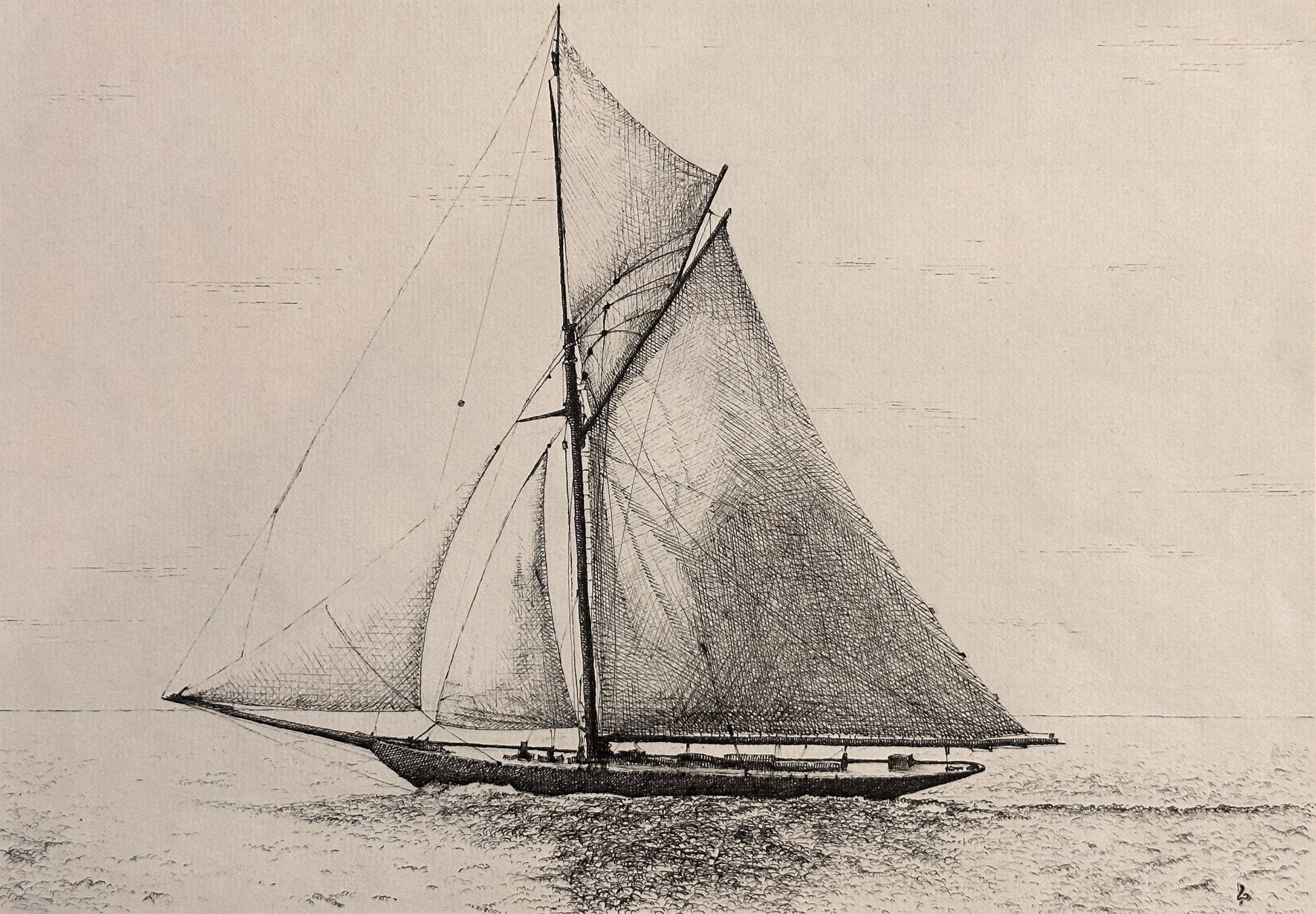 Monochrome drawing of the royal yacht HMY Britannia under sail
