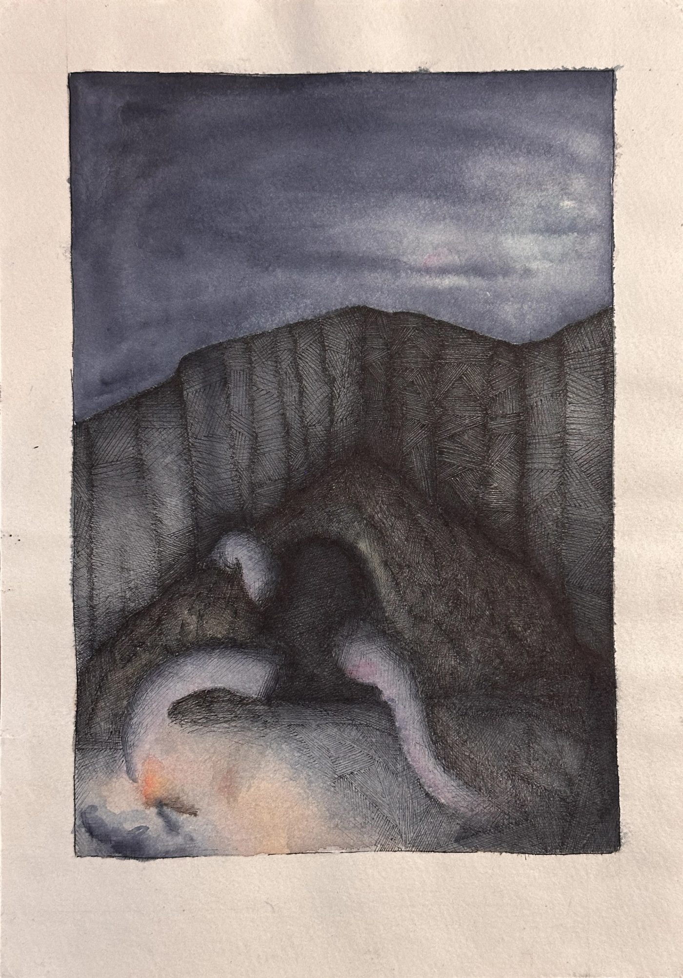 Dark watercolor sketch of a towering Lovecraftian creature