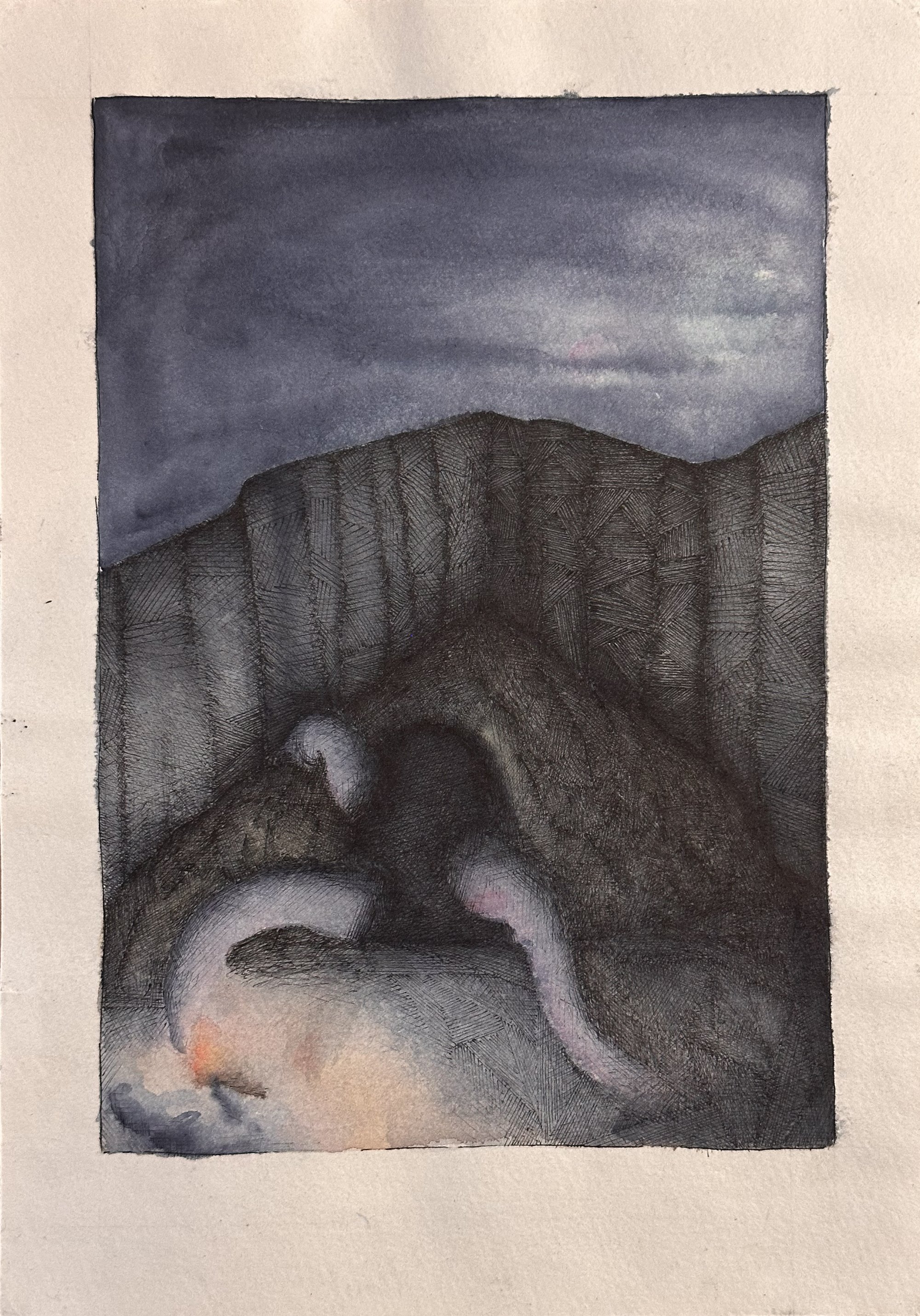 Dark watercolor sketch of a towering Lovecraftian creature