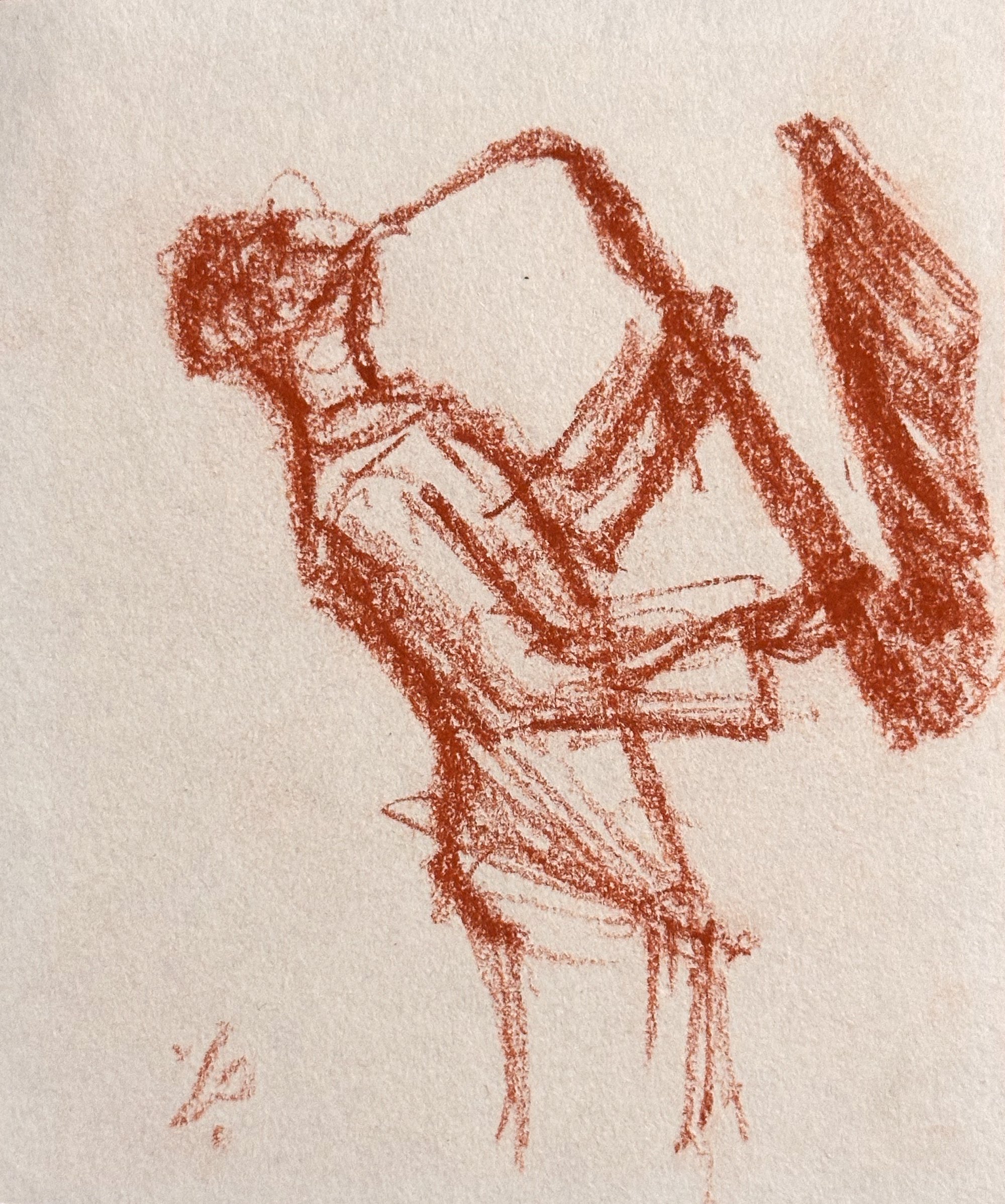 Loose red figure study of a seated blues musician