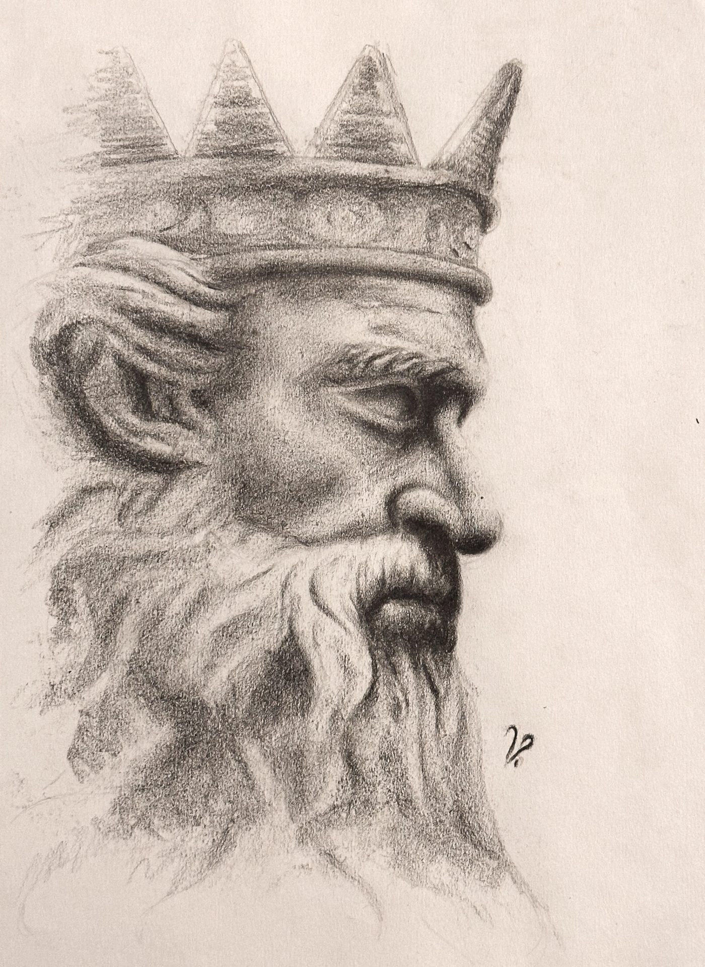 Monochrome study of Zeus with flowing hair and beard