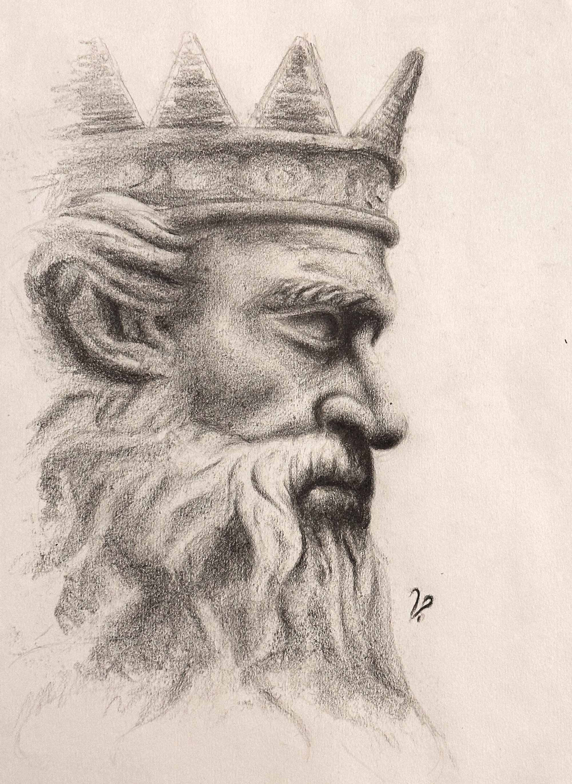 Monochrome study of Zeus with flowing hair and beard