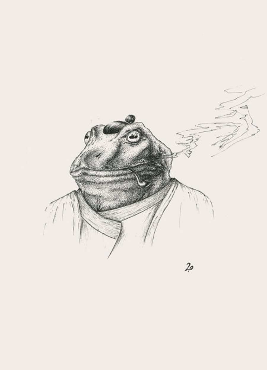 Black-and-white samurai frog print titled Master Tao