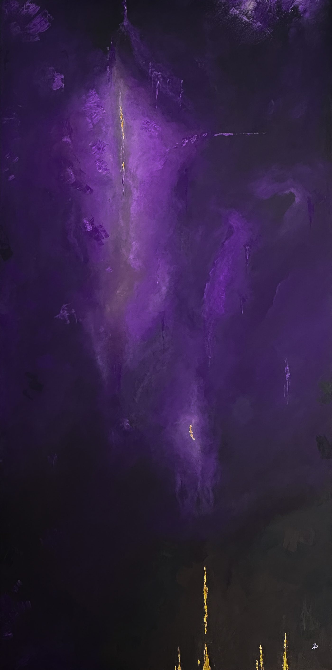 Purple abstract painting with a luminous central figure
