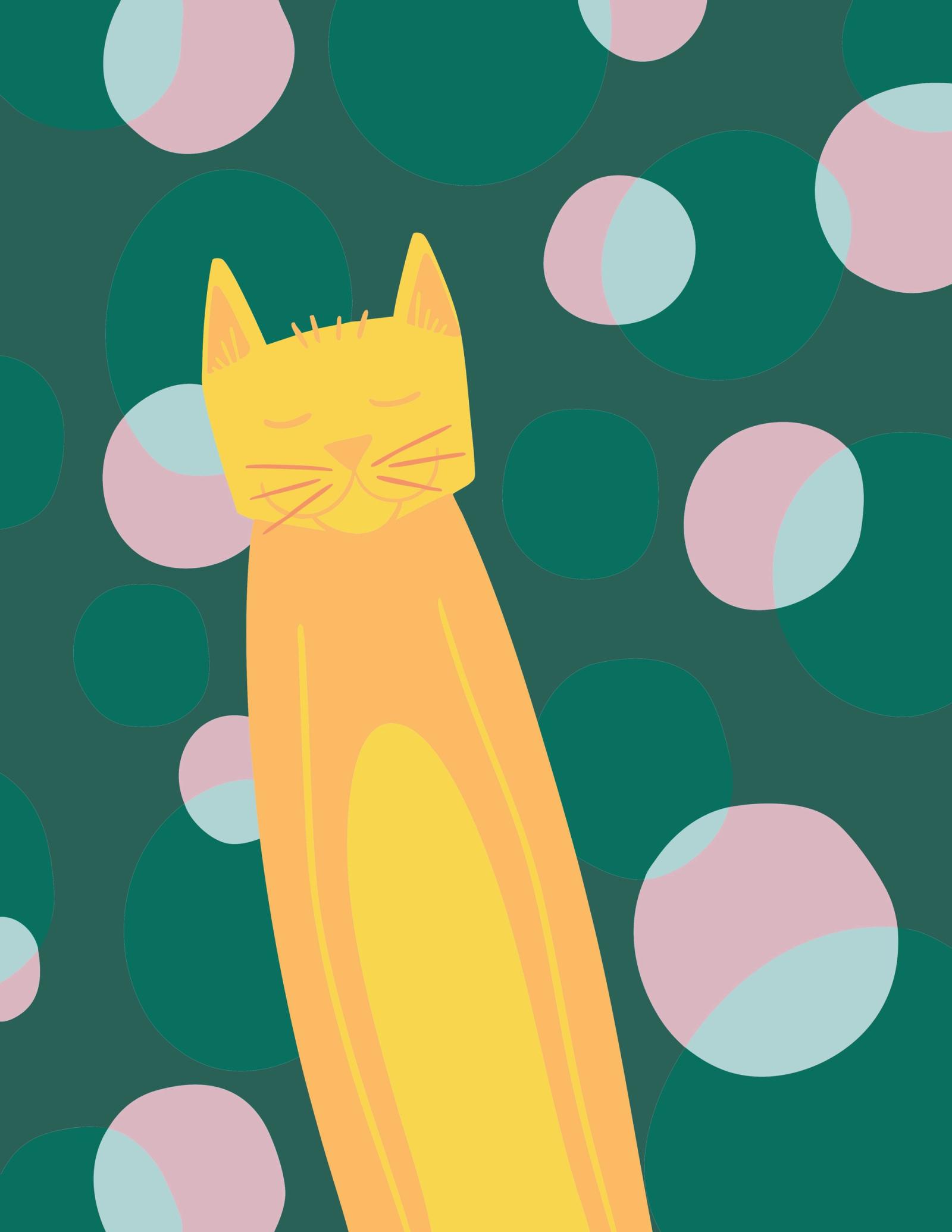 Illustrasjon av en katt med bobler rundt seg.