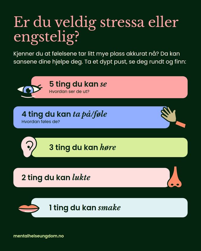 En enkel øvelse som bruker syn, berøring, hørsel, lukt og smak for å roe ned stress og uro.