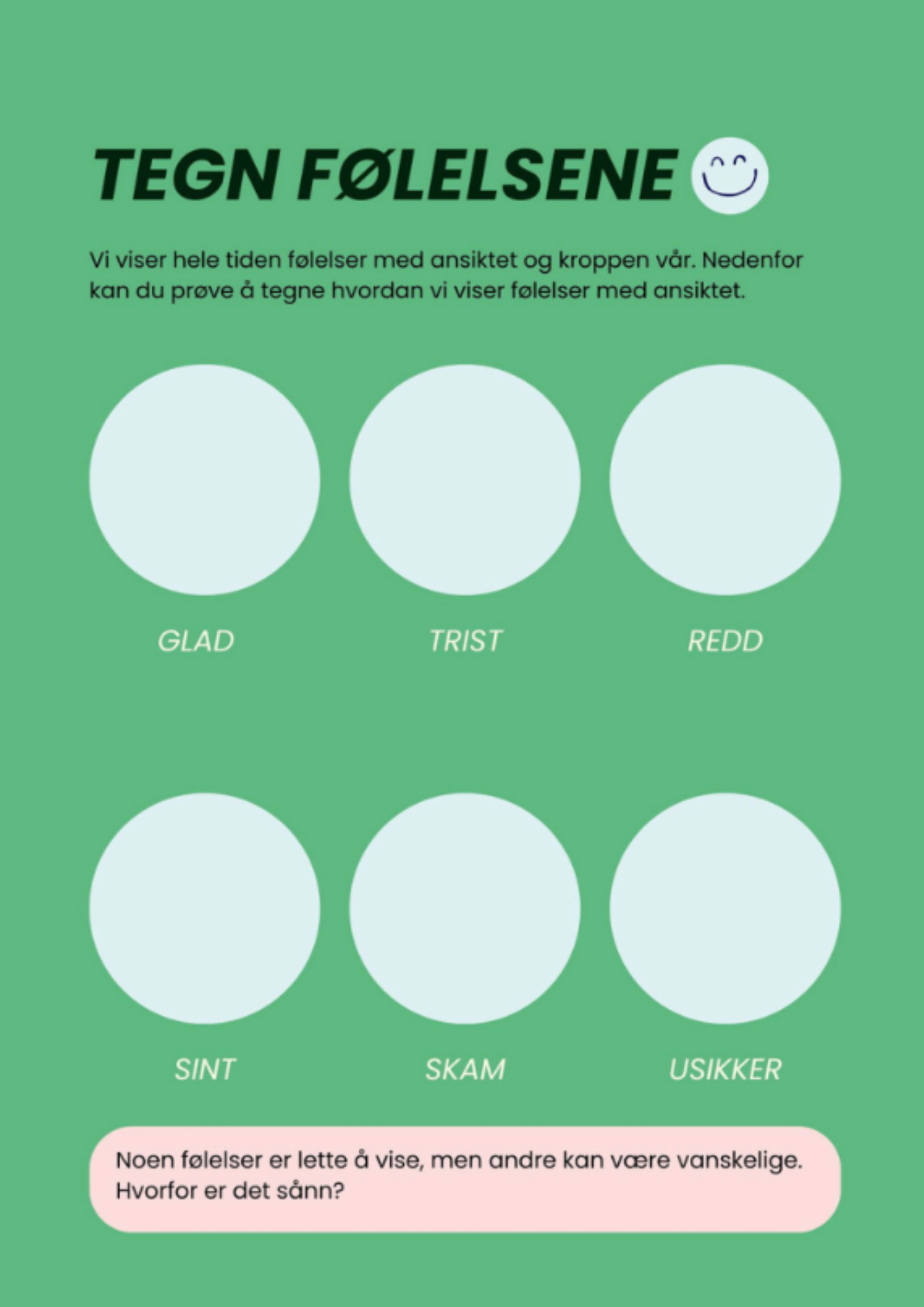 Aktivitet der barn tegner ansikter for ulike følelser.