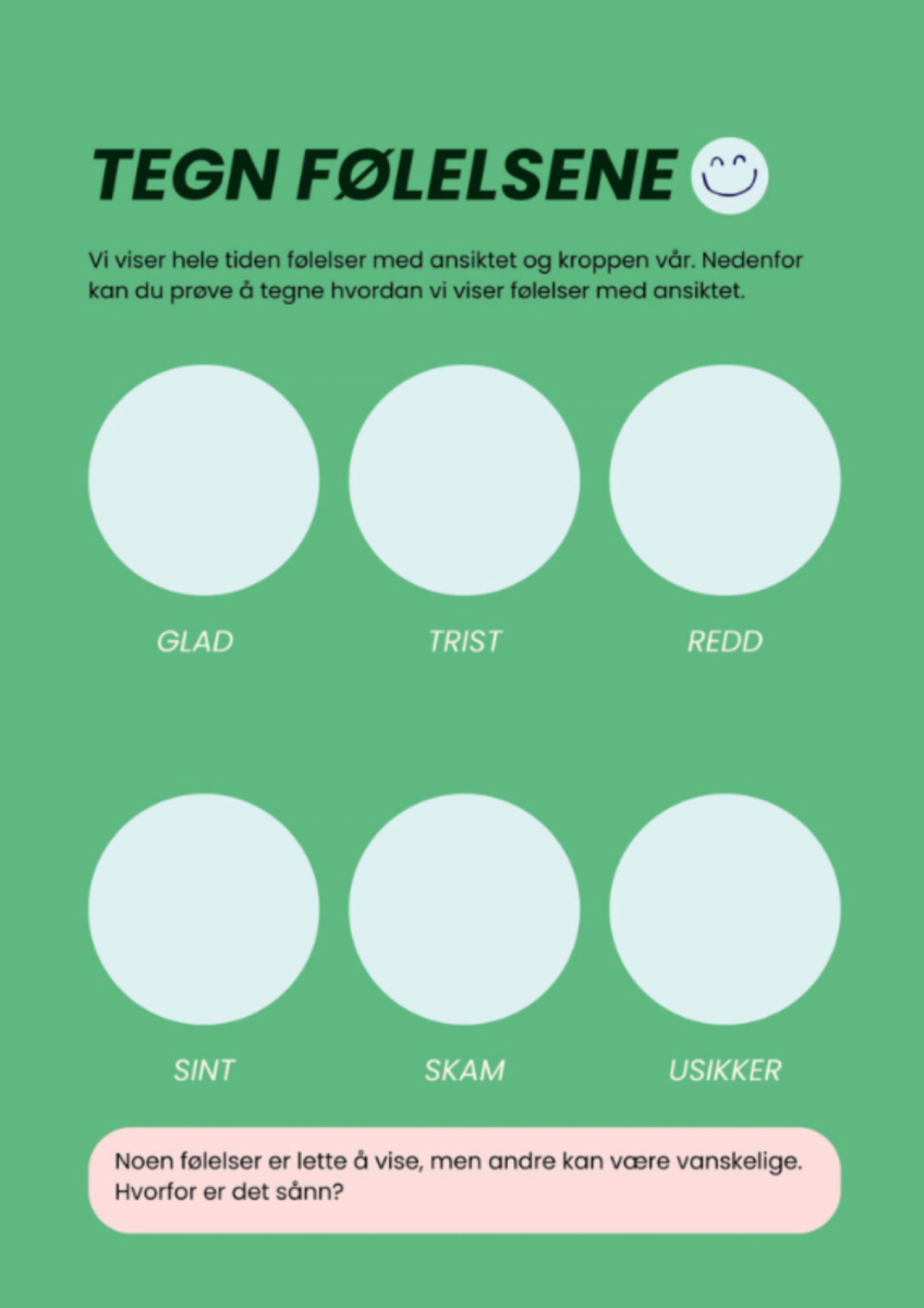 Aktivitet der barn tegner ansikter for ulike følelser.