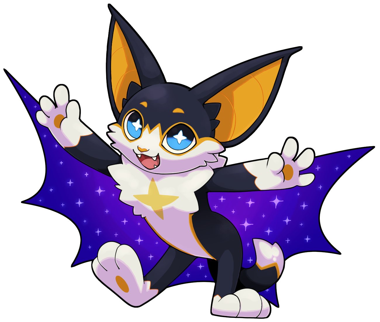 Flaggermus-katt med stjerneøyne flyr med lilla vinger.