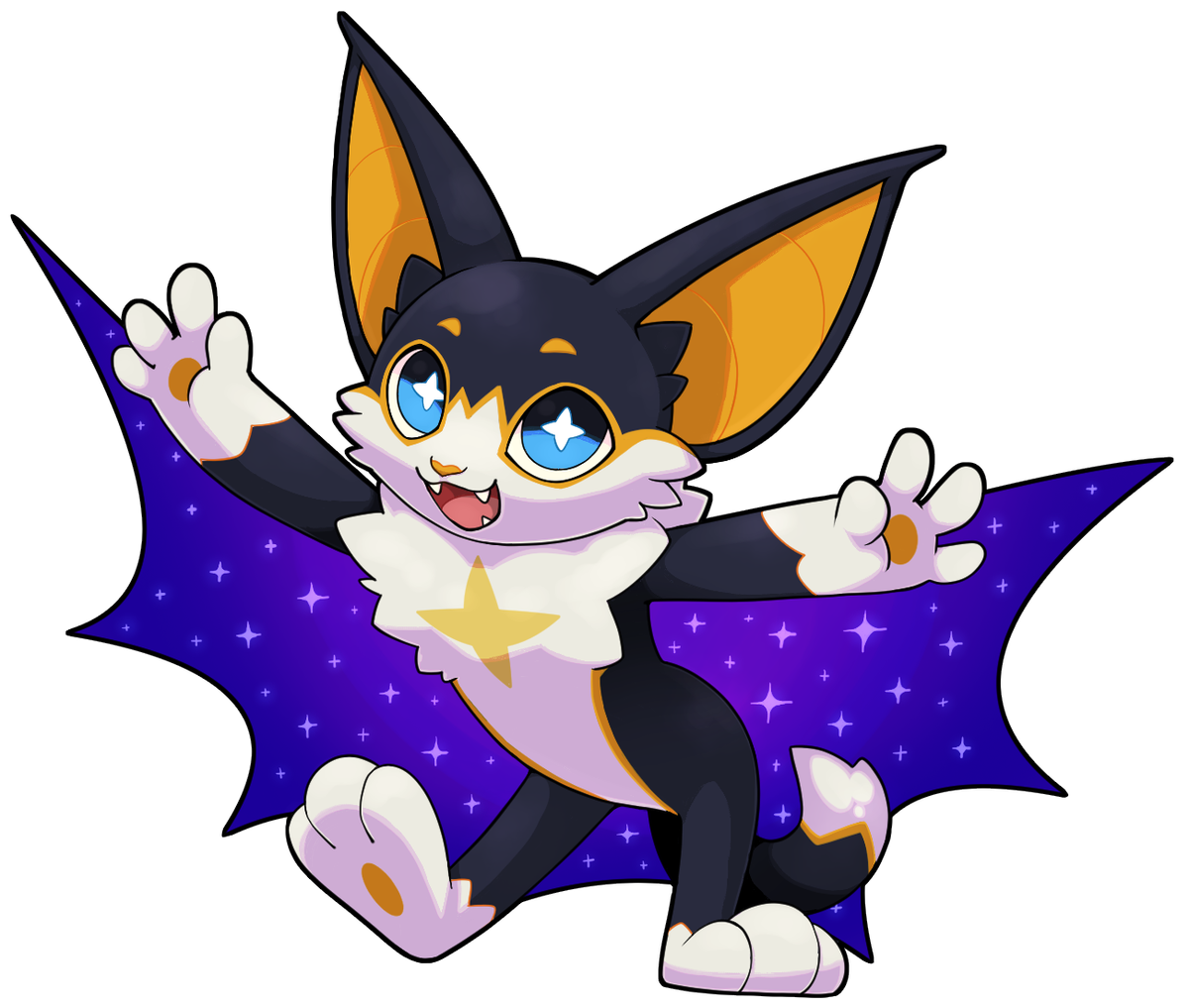 Flaggermus-katt med stjerneøyne flyr med lilla vinger.