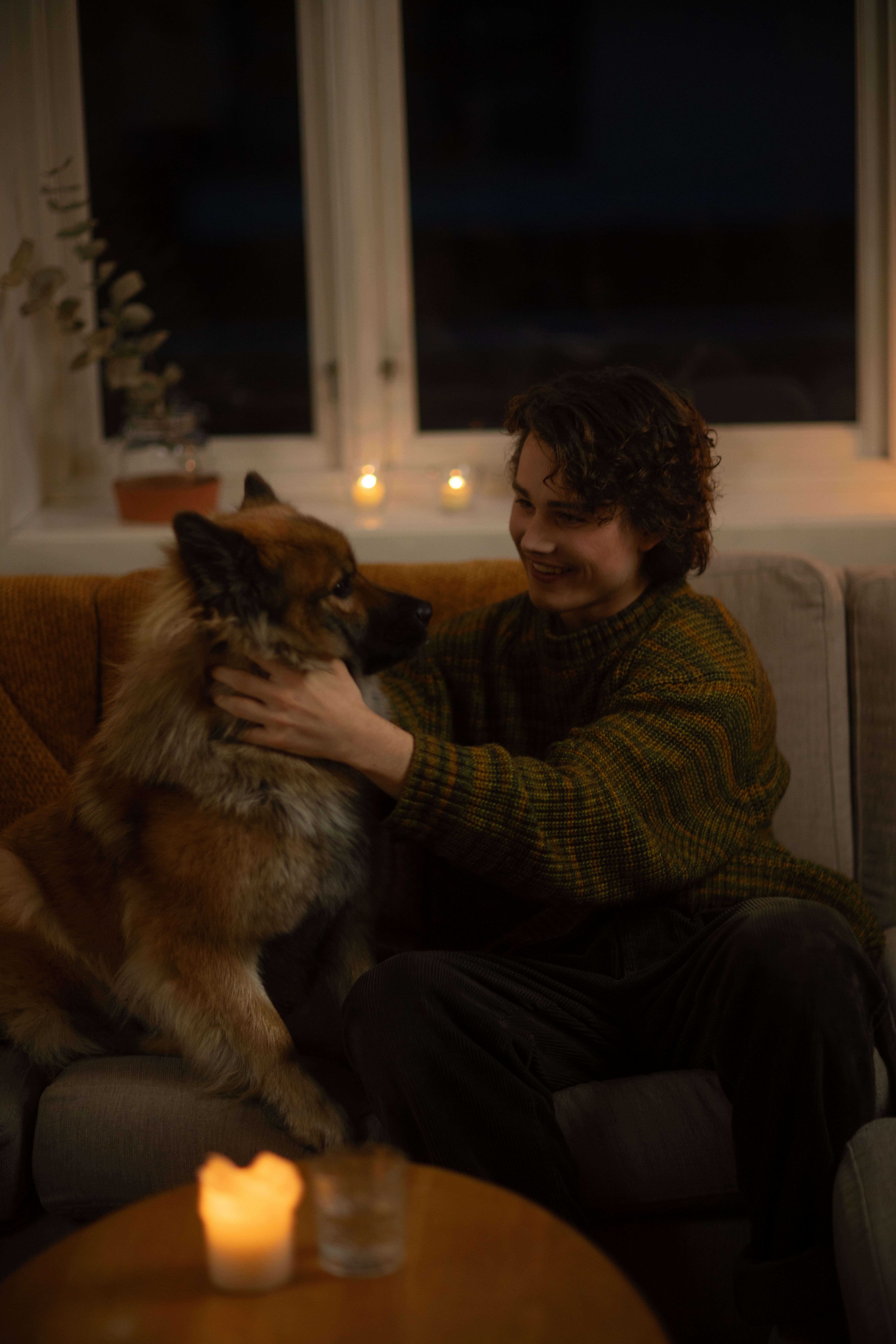 gutt i sofa som klapper hund