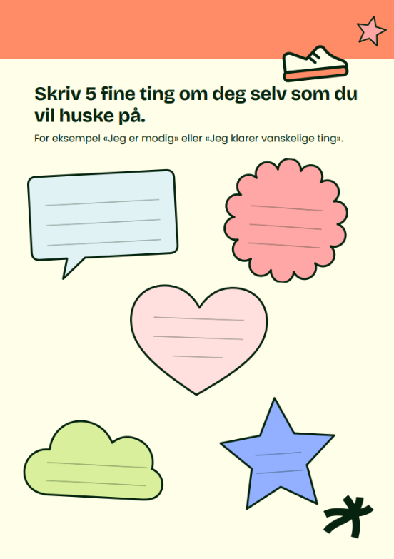 En skriveoppgave der du kan skrive fem fine ting om deg selv som du vil huske på.