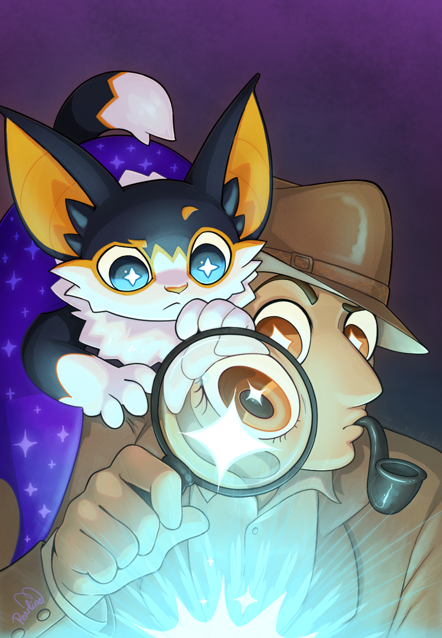 Detektiv med forstørrelsesglass og en liten flaggermus-katt.